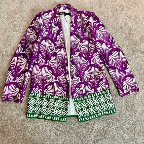Zara fuchsia purple green printed satin open front long sleeve lapel blazer S - Picture 8 of 13